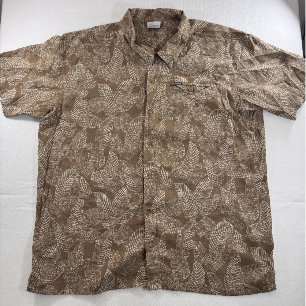 Columbia Mens Hawaiian Button Up Shirt XL Relaxed Fit Modal Blend Brown Logo EUC